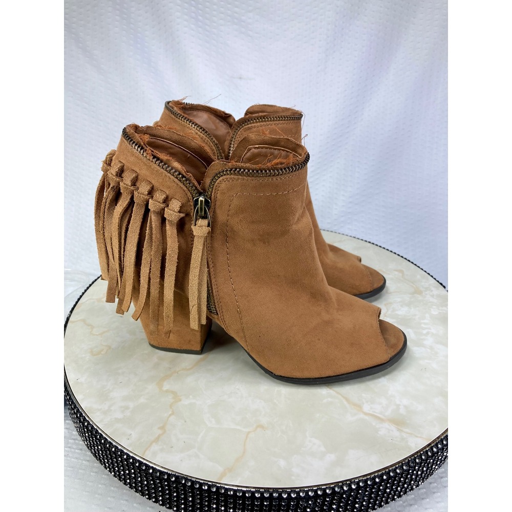 Dolce Vita Suede Fringe Peep Toe Ankle Booties Womens 9 Tan Block Heel Western